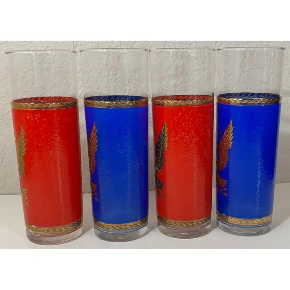 4 Vintage Patriotic Golden Eagle Collins Collectible Glasses Red Blue Americana - Picture 2 of 6